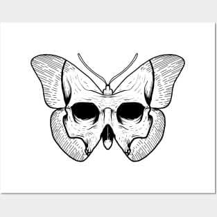 Skull Butterfly Black Ink Posters and Art